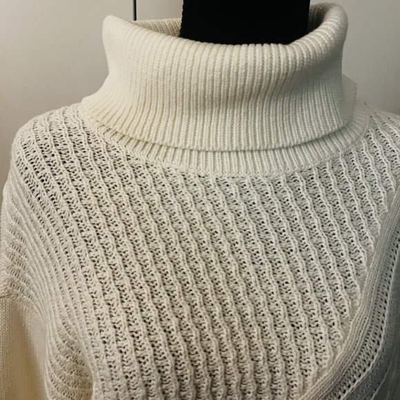 Chico's Ecru Cable Knit Fringe Turtleneck Tunic Sweater | Cozy Luxe Winter Layer - Picture 4 of 10